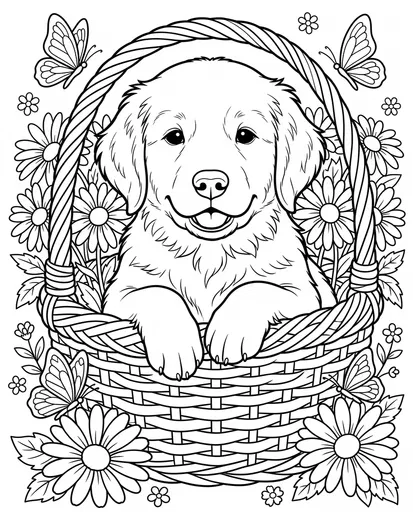 Golden Retriever Puppy in Basket Coloring Page