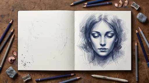 Blue Pencil Portrait in Open Sketchbook