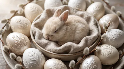 Sleeping Baby Bunny With Carved Easter Eggs
