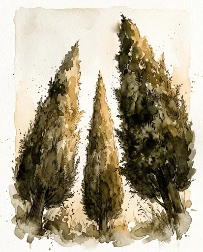 Watercolor Mediterranean Cypress Trees Illustration