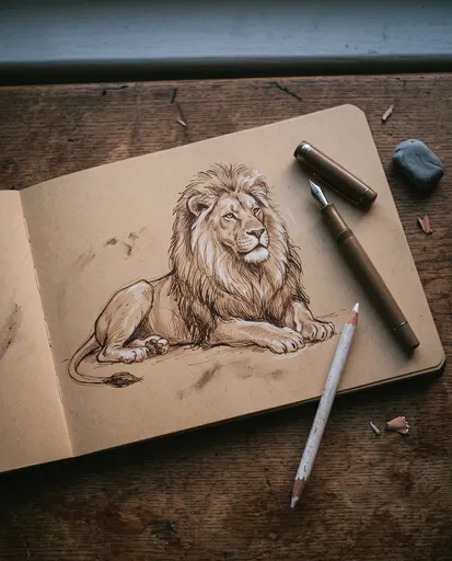 Lion Sketch in Toned-Tan Notebook