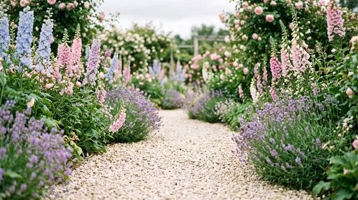 Gravel Path Through Blooming English Cottage Garden