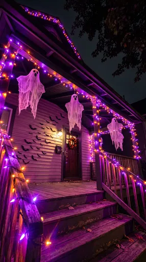 Halloween Porch With Ghosts and Lights