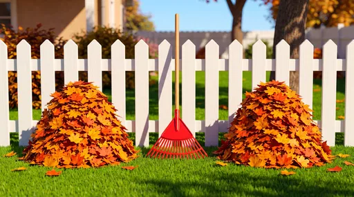 Red Rake Between Two Autumn Leaf Piles