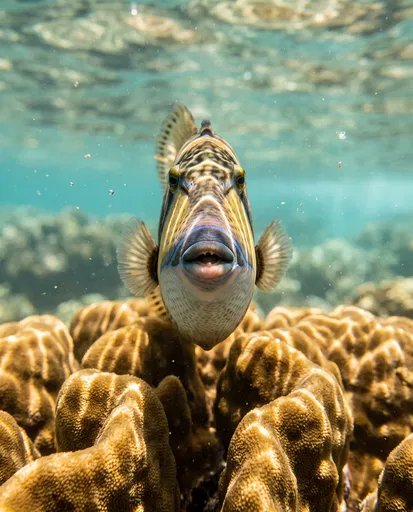 Reef Triggerfish Hovering Above Golden Coral