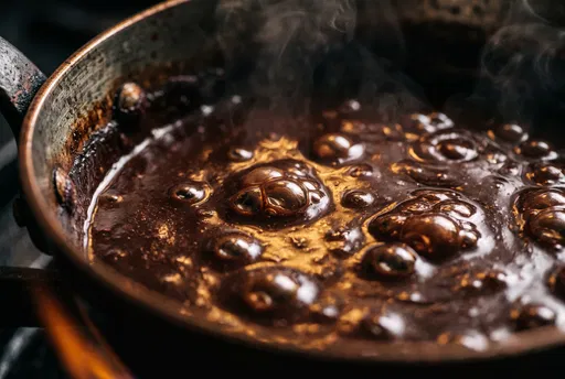 Simmering Dark Chocolate Sauce in Pan