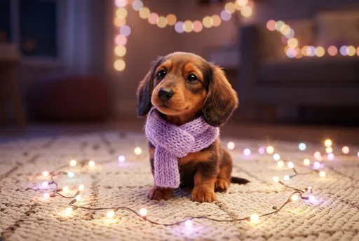 Dachshund Puppy Wearing Lavender Knitted Scarf