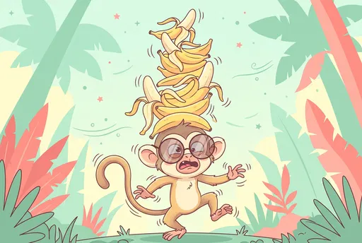 Cartoon Monkey Balancing Tower of Bananas