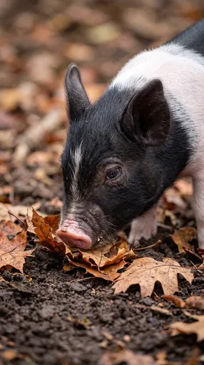 Young Hampshire Piglet Sniffing Autumn Leaves