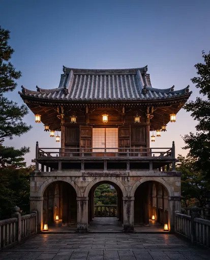 Japanese Pavilion Over Stone Arches at Dusk