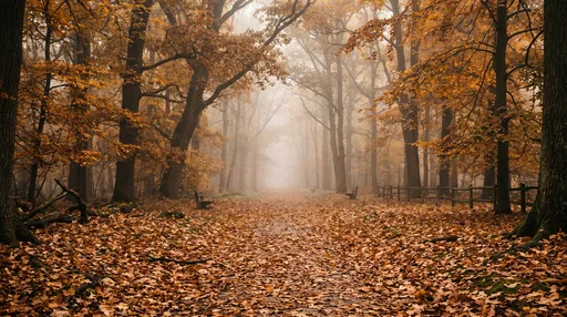 Misty Autumn Park Pathway with Fallen Leaves