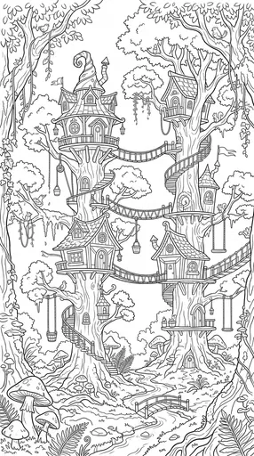 Whimsical Treehouse Village Coloring Page