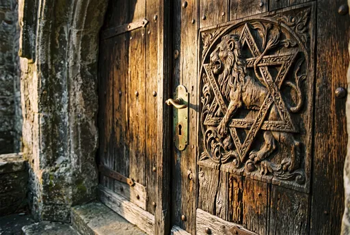 Antique Door With Carved Lion Emblem