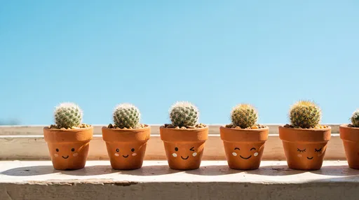 Cute Smiling Cactus Pots On Sunny Windowsill