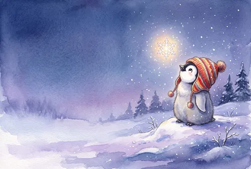 Watercolor Penguin Gazing at Glowing Snowflake