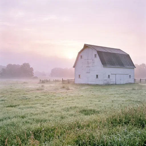 White Gambrel Barn in Misty Morning Meadow