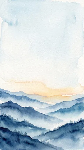 Blue Watercolor Mountains at Sunset