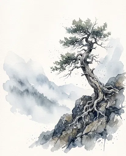Watercolor Alpine Pine Tree on Rocks