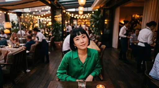 Woman with Bob Haircut in Evening Lounge