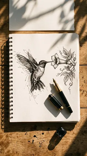 Hummingbird Ink Sketch on Wooden Desk