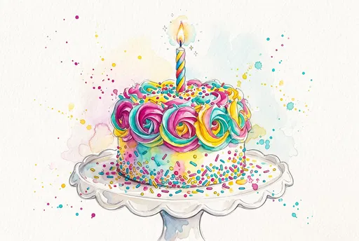 Colorful Watercolor Birthday Cake With Lit Candle