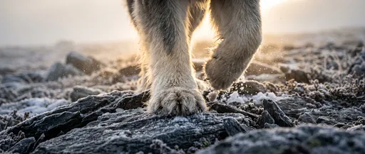 Furry Dog Paws on Frosted Rocks