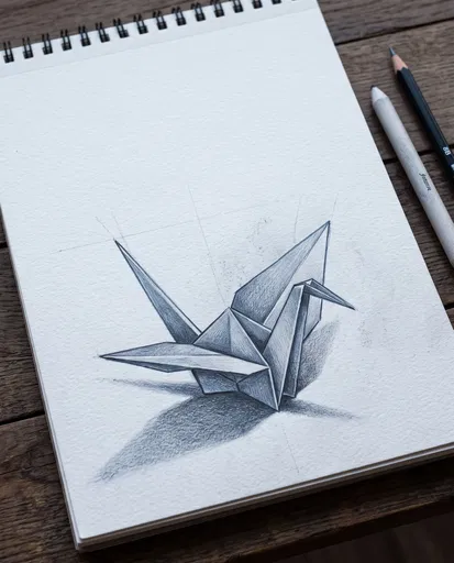 Graphite Sketch of Origami Crane on Notepad