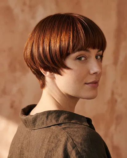 Woman With Auburn Bowl Cut Portrait