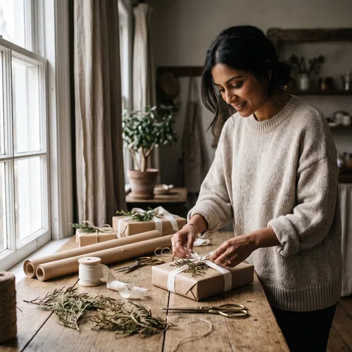 Woman Wrapping Rustic Holiday Gifts