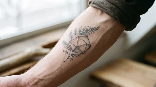 Geometric Polyhedron and Fern Forearm Tattoo