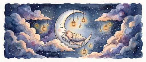 Watercolor Baby Sleeping in Crescent Moon