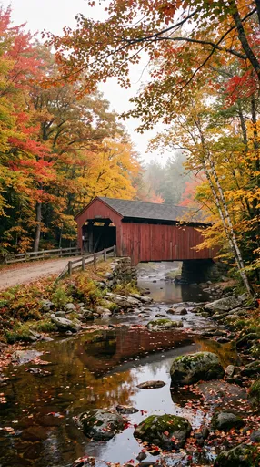 Red Covered Bridge in Autumn Forest
