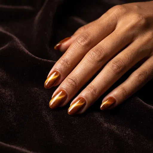 Amber Cat-Eye Manicure on Dark Velvet