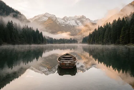 Wooden Rowboat on Misty Alpine Lake