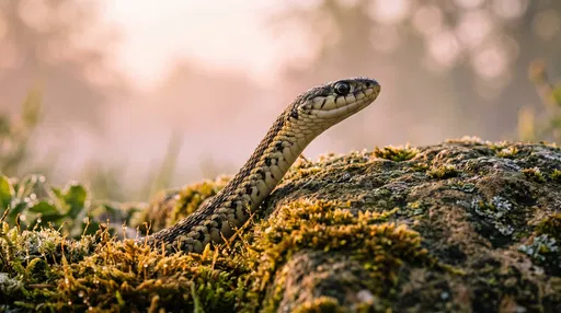Garter Snake on Mossy Rock at Sunrise