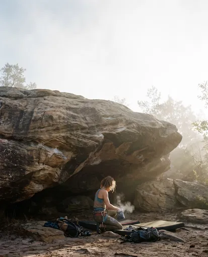 Female Rock Climber Under Sandstone Boulder