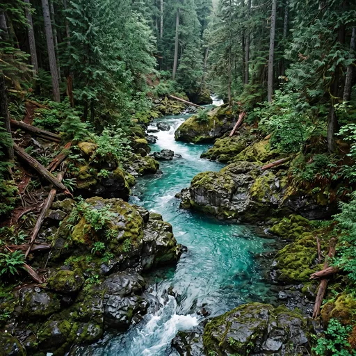 Turquoise Mountain River in Mossy Forest