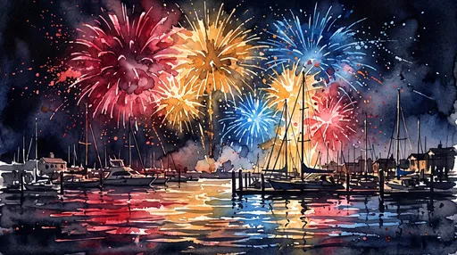 Watercolor Fireworks Over Harbor At Night