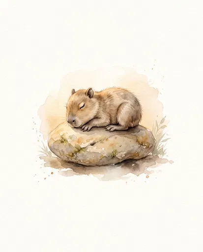 Watercolor Baby Capybara Sleeping on Stone
