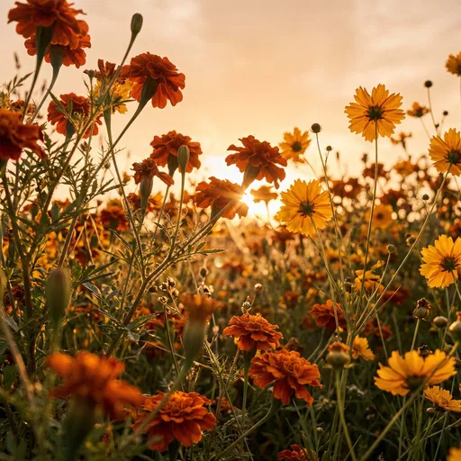 Backlit Marigolds and Golden Wildflowers