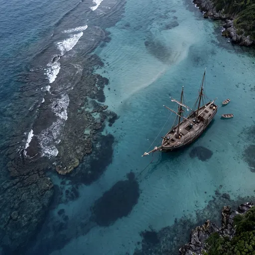 Aerial View of Anchored Wooden Ship