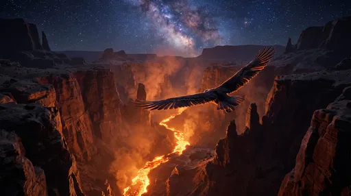 Eagle Soaring Over Lava Canyon at Night