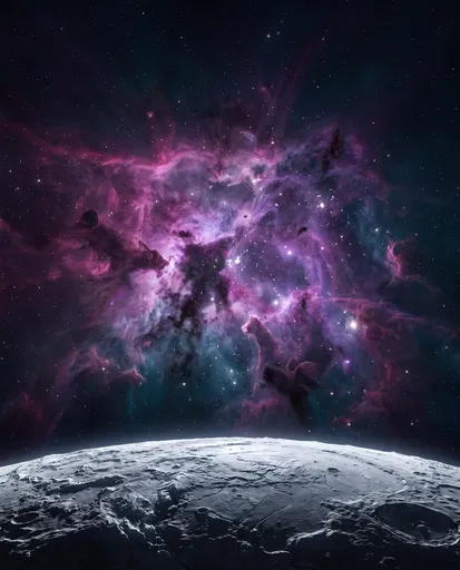 Vibrant Nebula Above Icy Moon Horizon