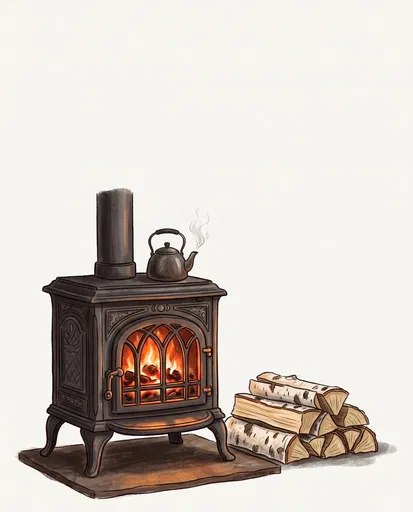 Vintage Cast-Iron Wood Stove Illustration