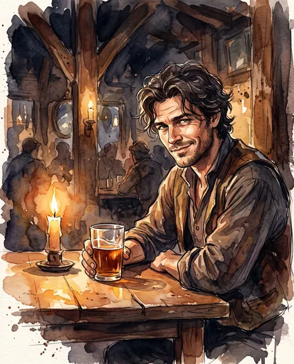 Watercolor Illustration of Man in Tavern