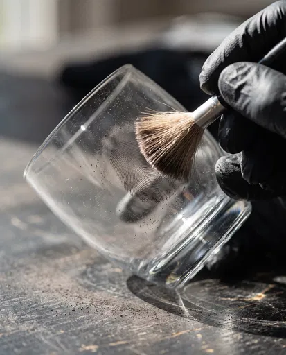 Investigator Dusting Glass Tumbler For Fingerprints