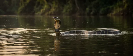 King Cobra Swimming Across Tropical River