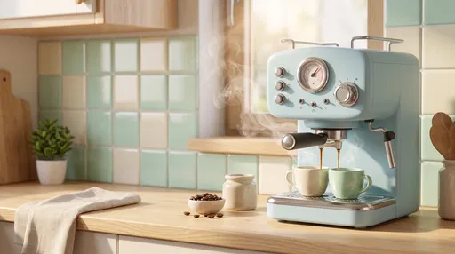 Pastel Blue Vintage Espresso Machine Brewing Coffee