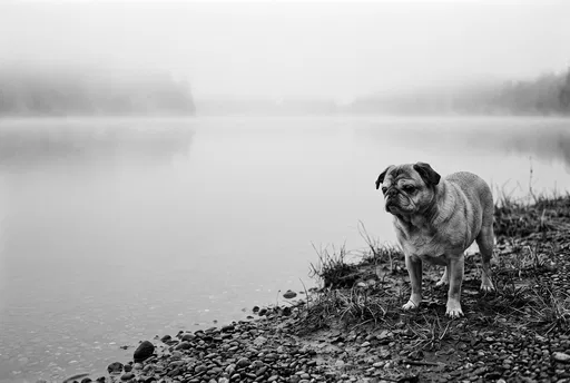 Senior Pug Standing by Misty Lake
