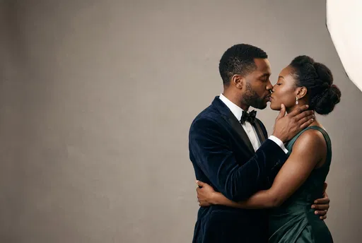 Black Couple Kissing in Formal Evening Attire